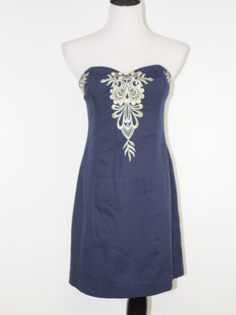 Lilly Pulitzer Demi Dress Navy Gold Embroidered Strapless Cocktail Mini 4